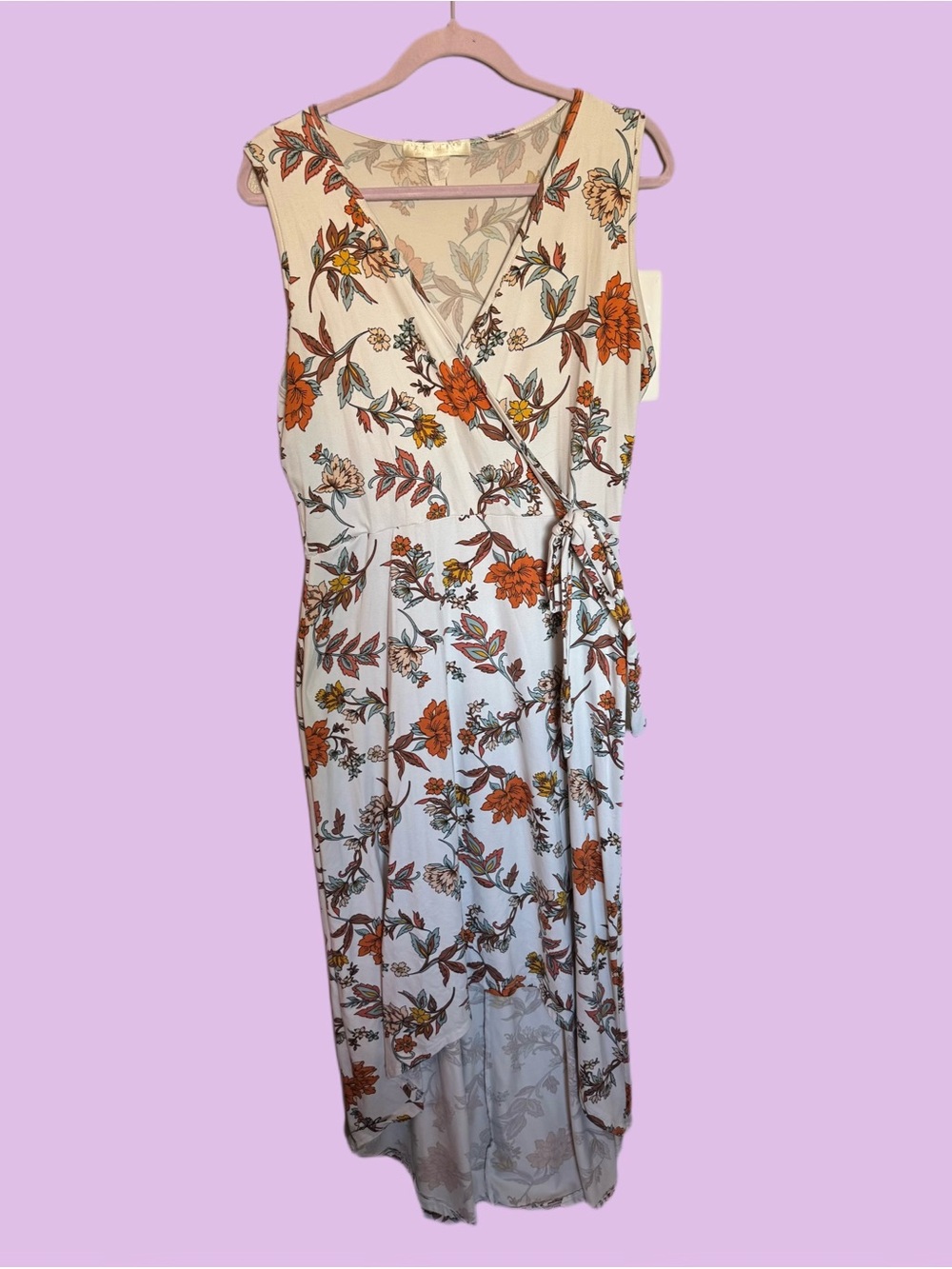 Floral Faux Wrap Maxi Dress in White with Orange Blooms